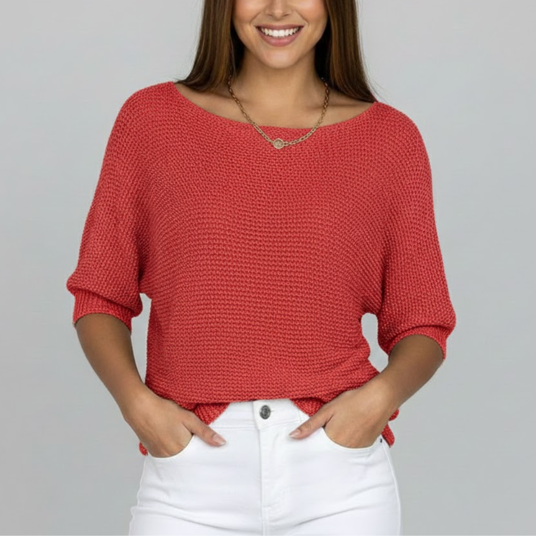 Women's textured knit jumper with wide boat neckline and three quarter sleeves