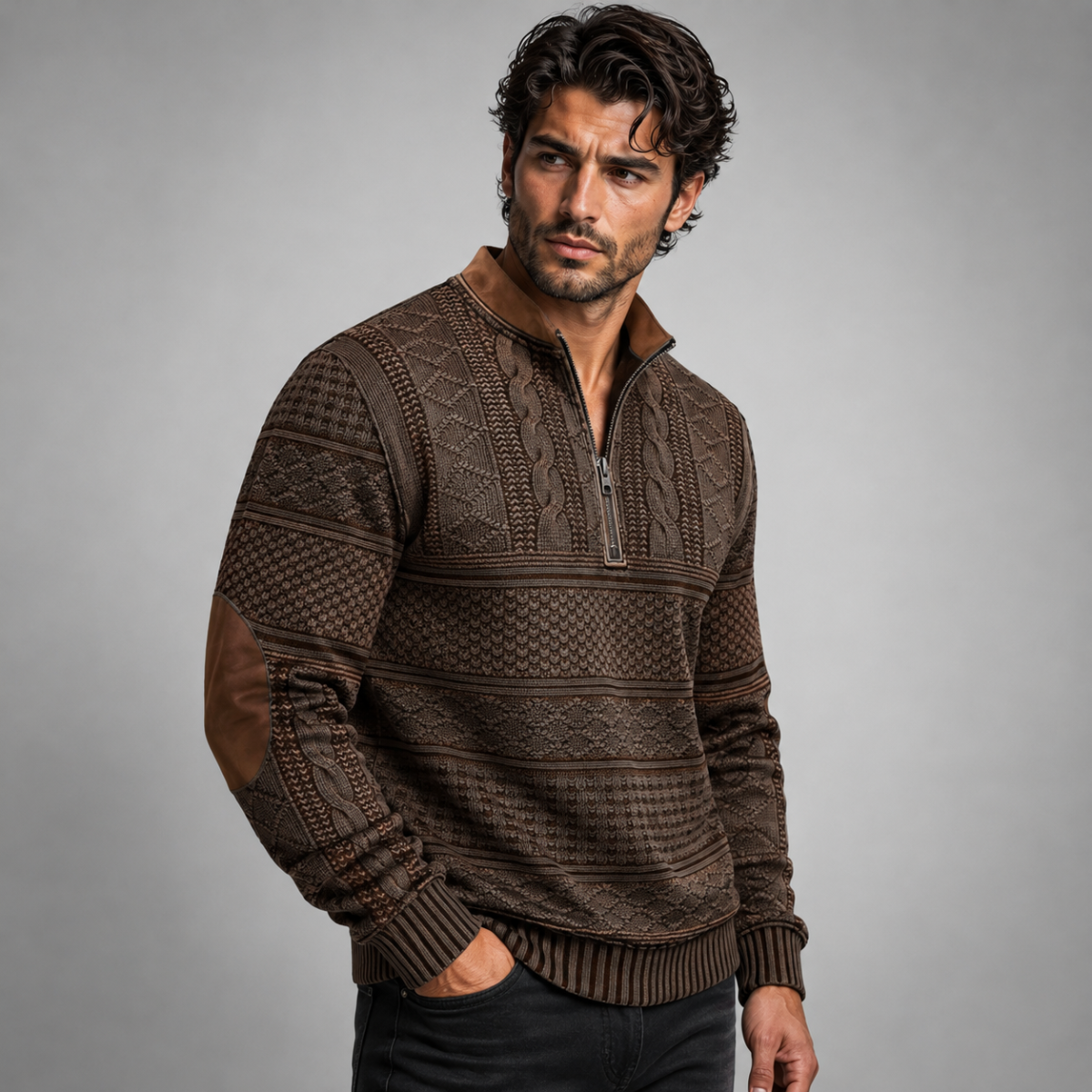 Men's patterned half-zip sweater with mock neck and brown elbow patches