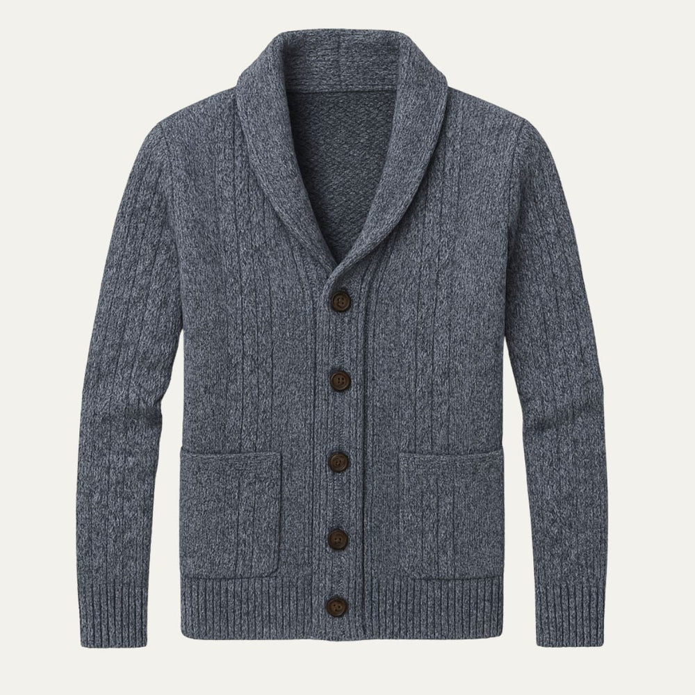 Men's textured knit cardigan with shawl collar, buttons and front patch pockets
