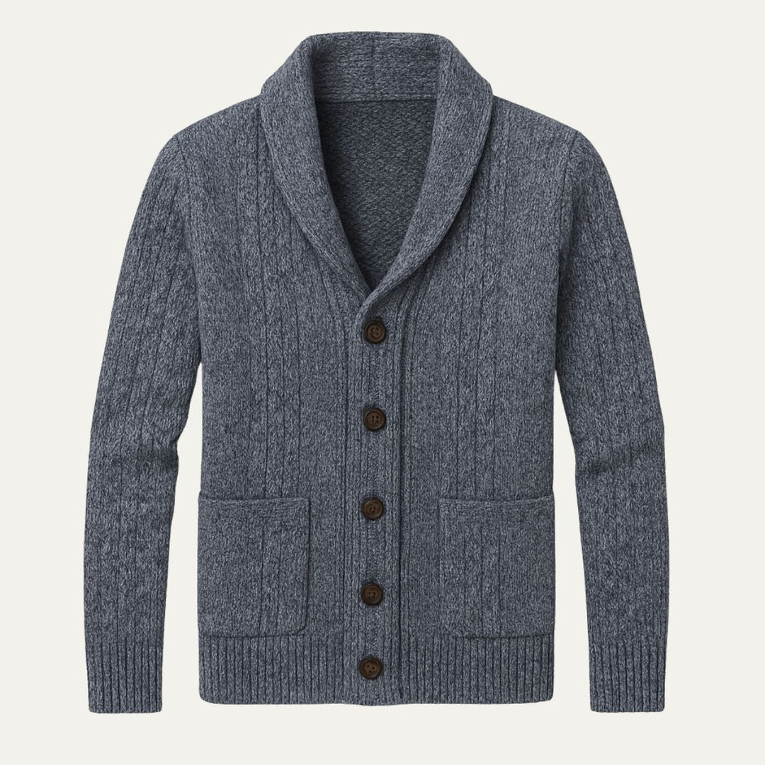 Men's textured knit cardigan with shawl collar, buttons and front patch pockets