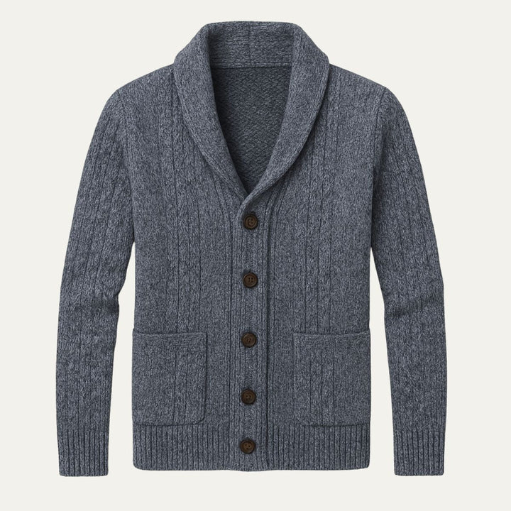 Men's textured knit cardigan with shawl collar, buttons and front patch pockets