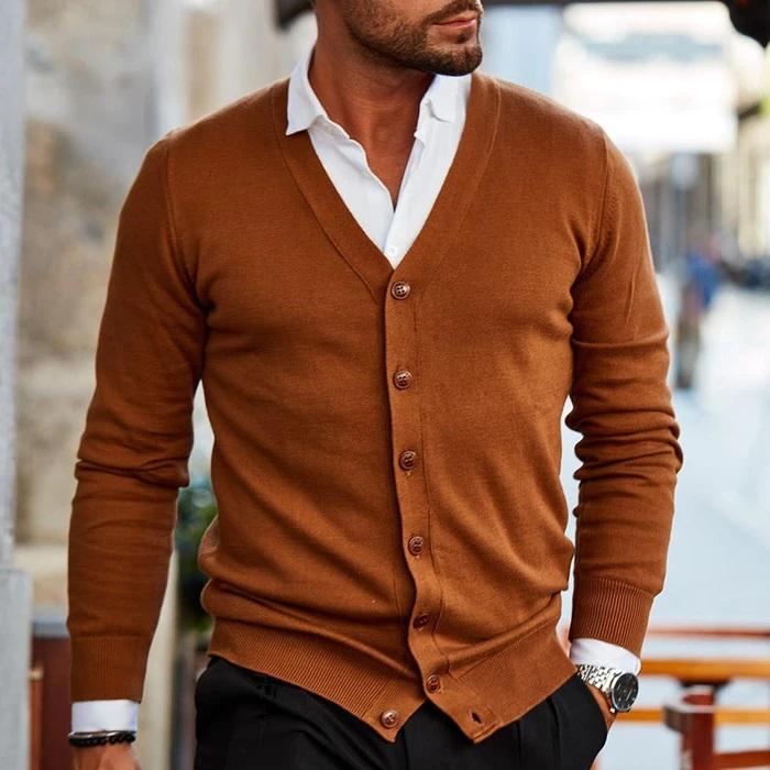 Men's plain V-neck cardigan with buttons and long sleeves