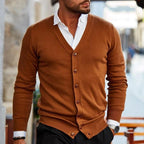 Men's plain V-neck cardigan with buttons and long sleeves