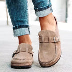 Women's buckle slip-on loafers with moc toes and stitched trim
