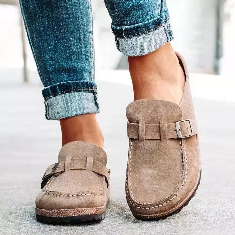 Women's buckle slip-on loafers with moc toes and stitched trim