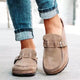 Women's buckle slip-on loafers with moc toes and stitched trim