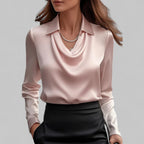 Women's long-sleeve blouse with draped neckline and pointed collar