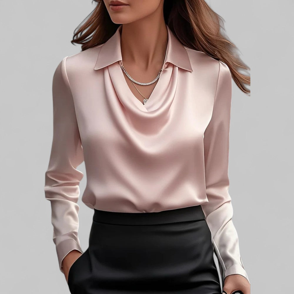 Women's long-sleeve blouse with draped neckline and pointed collar