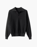 Men's textured knit polo sweater with open V-neck collar and long sleeves