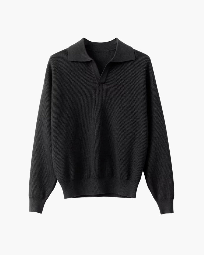 Men's textured knit polo sweater with open V-neck collar and long sleeves