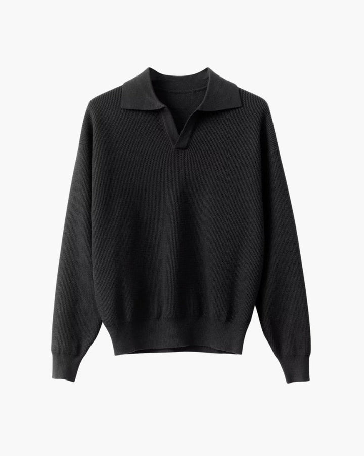 Men's textured knit polo sweater with open V-neck collar and long sleeves