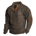 Men's ribbed quarter-button sweatshirt with stand collar and elbow patches
