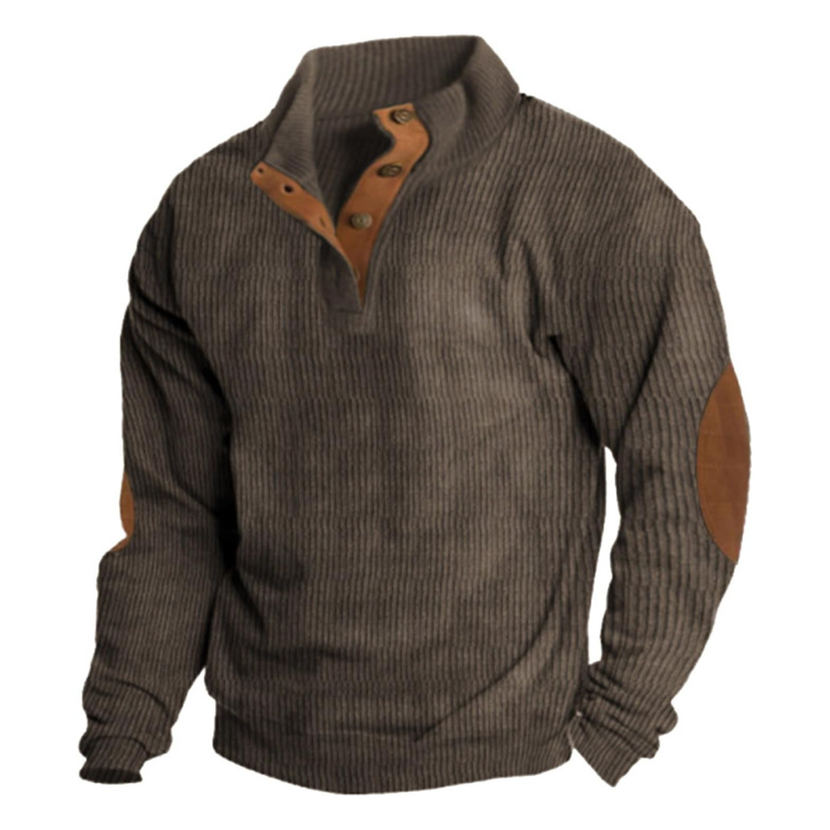 Men's ribbed quarter-button sweatshirt with stand collar and elbow patches