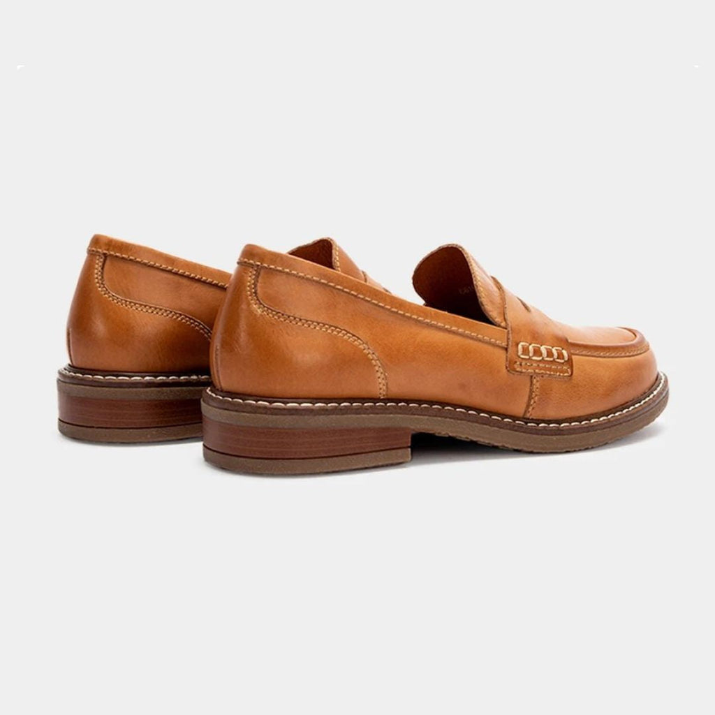 Men's penny loafers with rounded toes, stitched trim and low heels