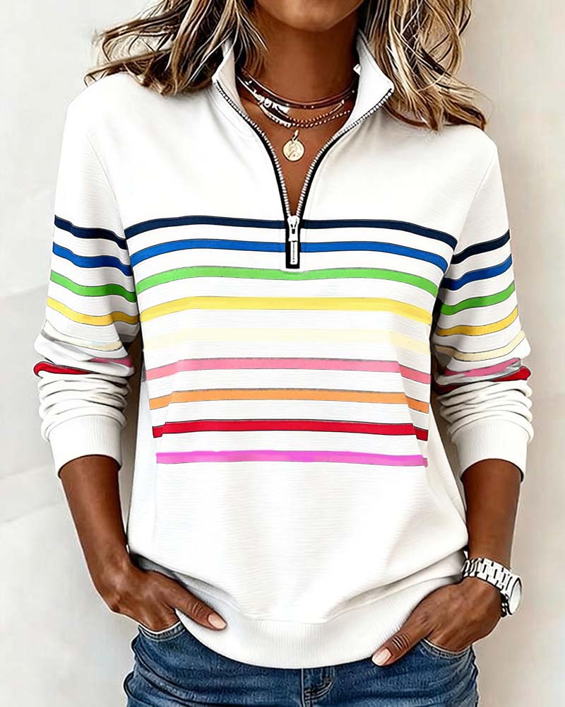 Women's striped quarter zip sweatshirt with mock neck