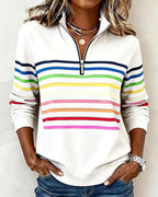 Women's striped quarter zip sweatshirt with mock neck