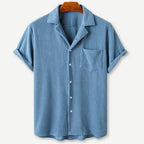 Men's short-sleeve knitted waffle shirt with notched collar and chest pocket