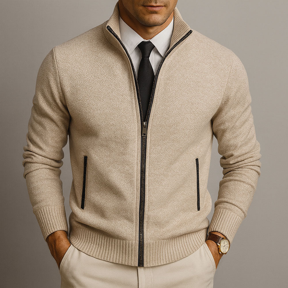 Men's plain knit zip-up cardigan with high collar, long sleeves and zipped pockets