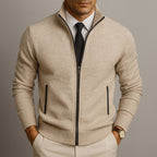 Men's plain knit zip-up cardigan with high collar, long sleeves and zipped pockets