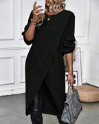 Women's long plain sweater dress with round neck, long sleeves and asymmetric hem