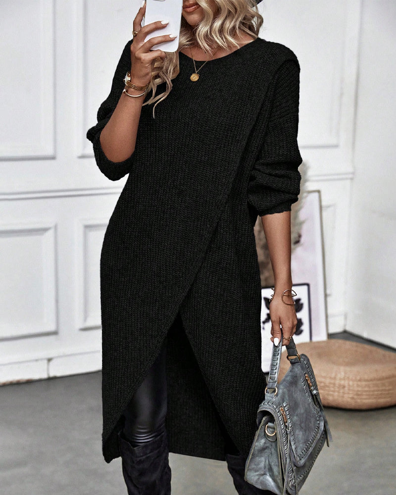 Women's long plain sweater dress with round neck, long sleeves and asymmetric hem