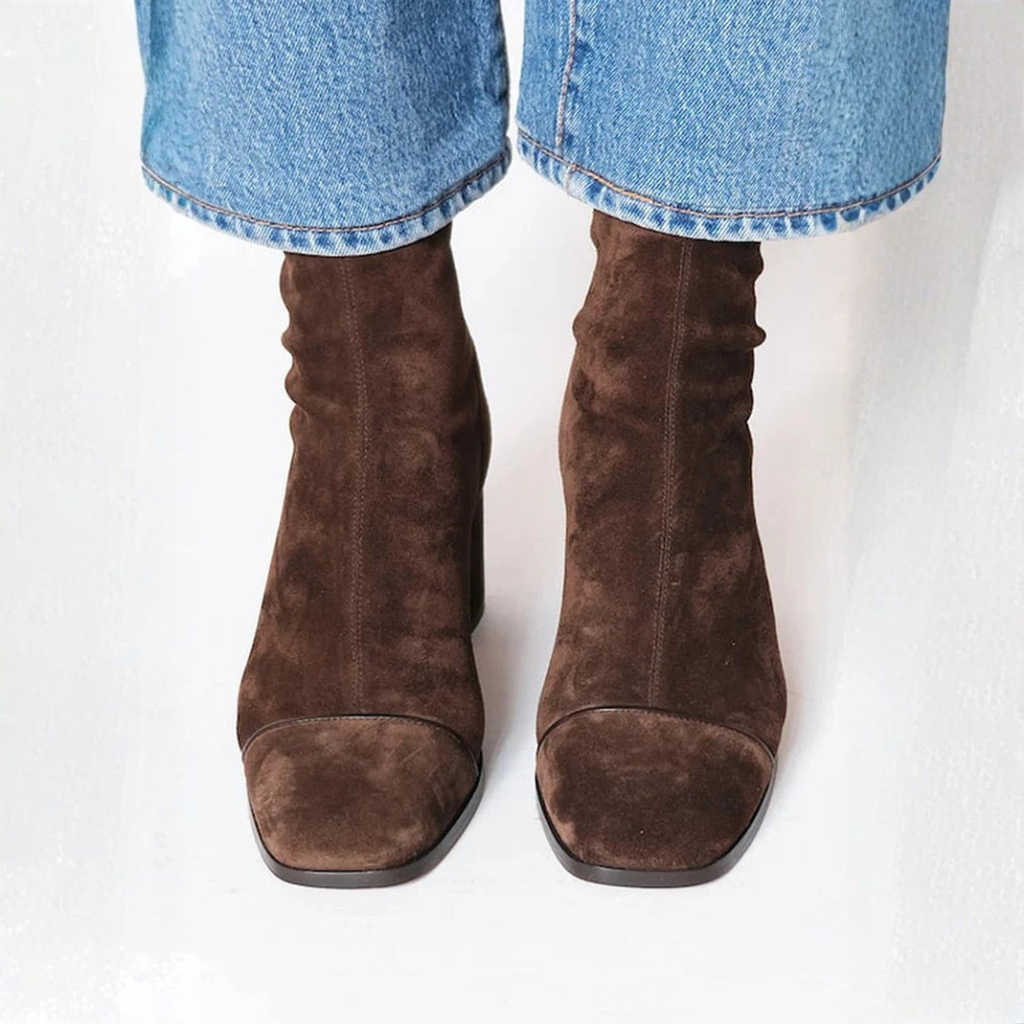 Women's brown ankle boots with square toes, ruched shafts and mid block heels