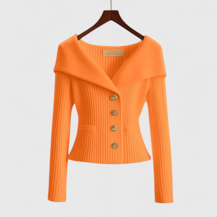 Women's ribbed button cardigan with wide collar and long sleeves