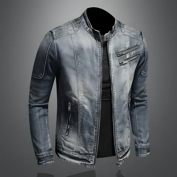 Men's blue-grey washed denim jacket with stand collar, long sleeves and zipped pockets