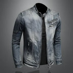 Men's blue-grey washed denim jacket with stand collar, long sleeves and zipped pockets