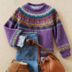 Purple women's Fair Isle crew neck sweater with long sleeves