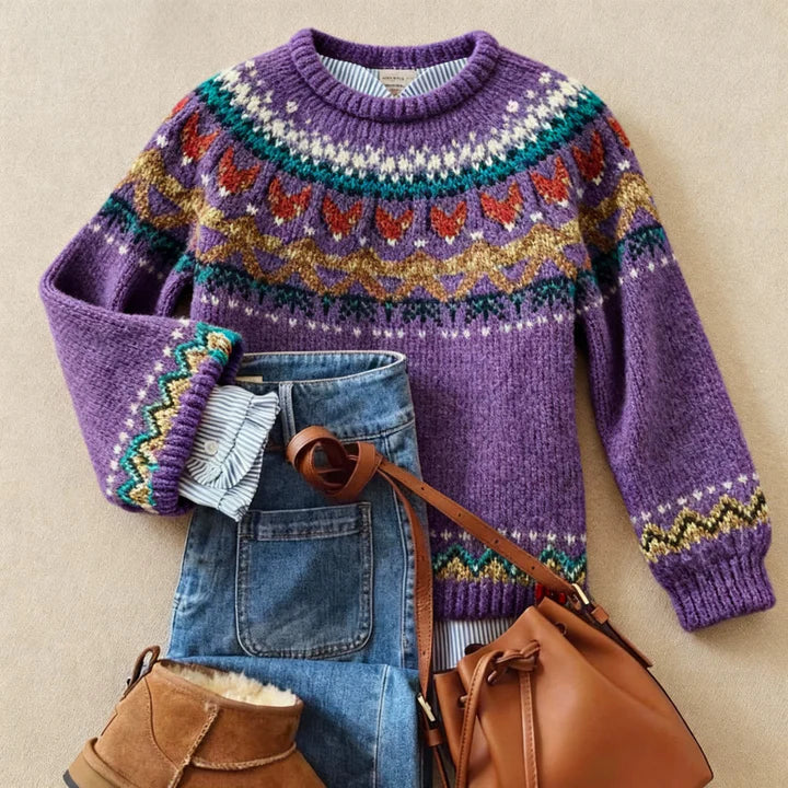 Purple women's Fair Isle crew neck sweater with long sleeves