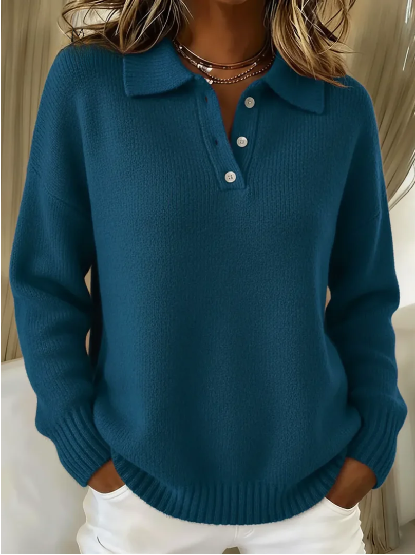 Women's long-sleeve polo collar knit sweater with button placket and ribbed trims