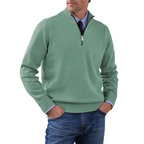 Men's quarter zip mock neck jumper with long sleeves and ribbed trims