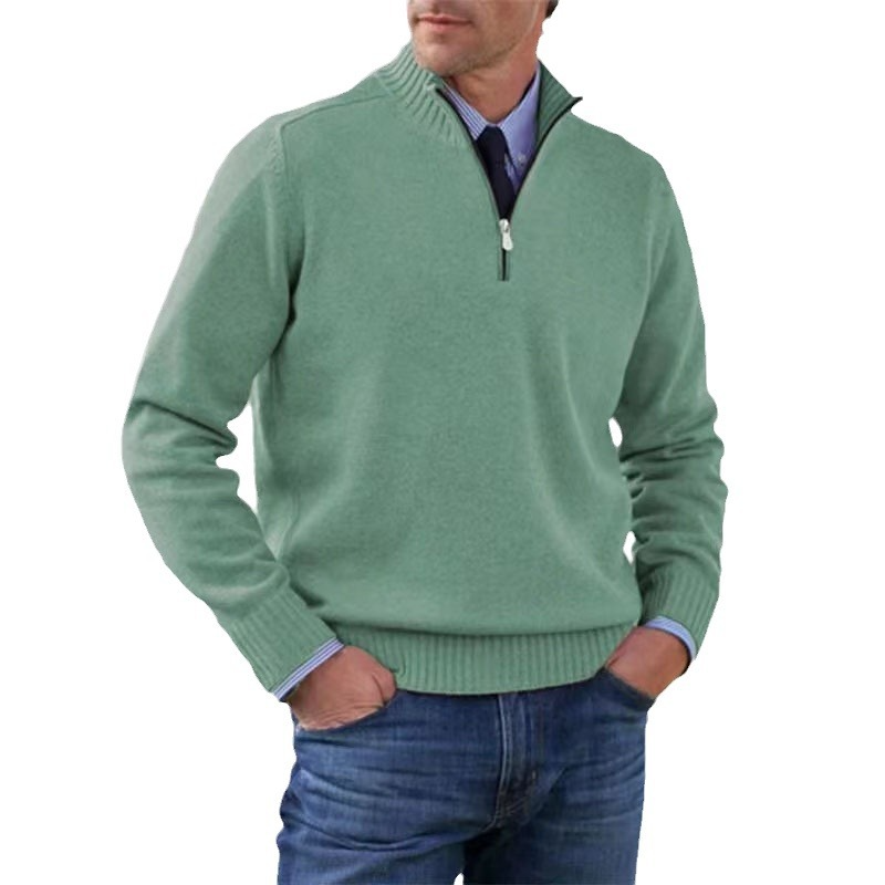 Men's quarter zip mock neck jumper with long sleeves and ribbed trims