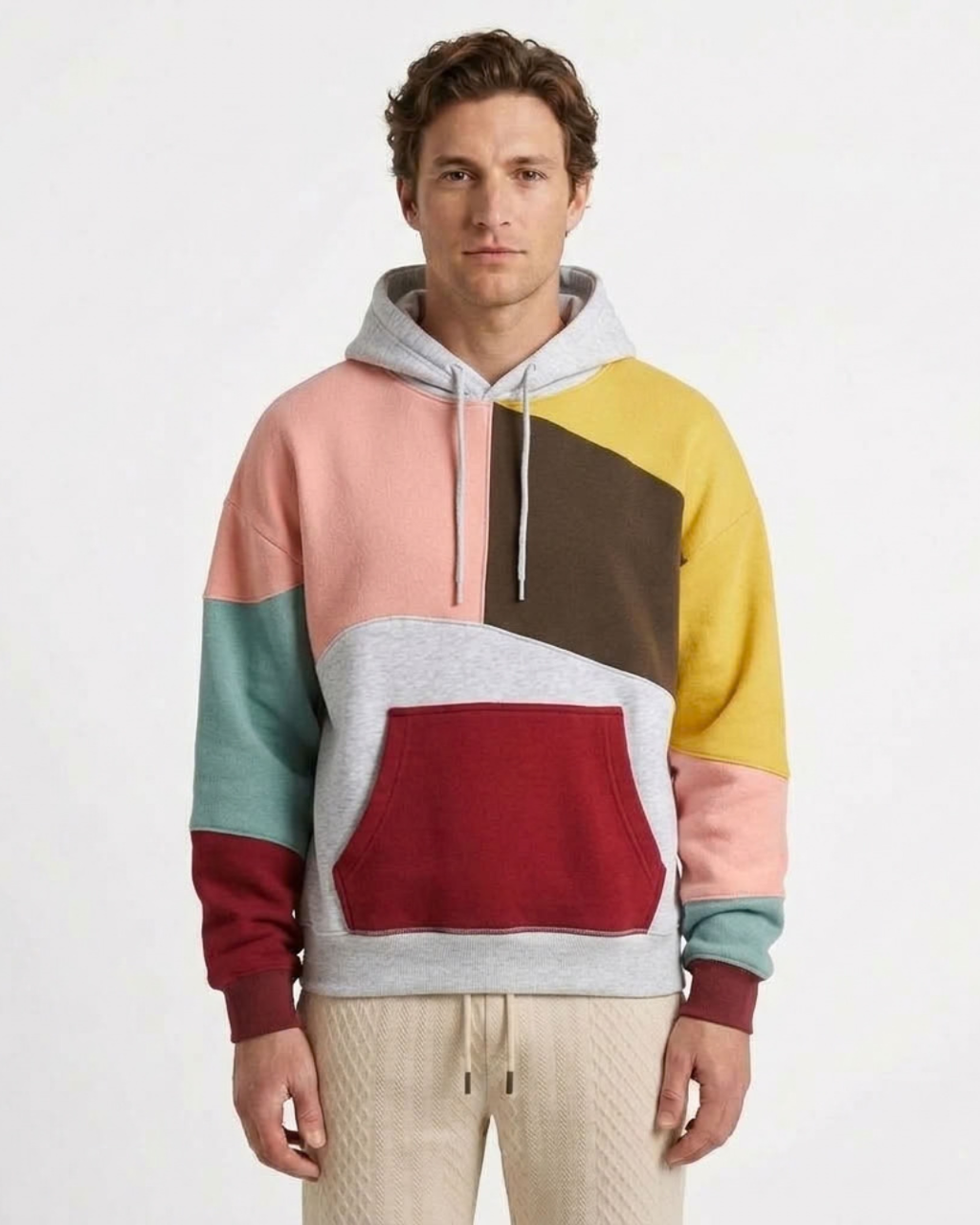Men's long-sleeve geometric colour-block hooded sweatshirt with kangaroo pocket