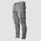 Men's skinny cargo jeans with utility pockets, distressed details and full-length legs