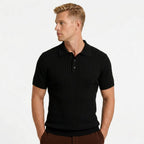 Men's ribbed knit polo shirt with short sleeves and button placket