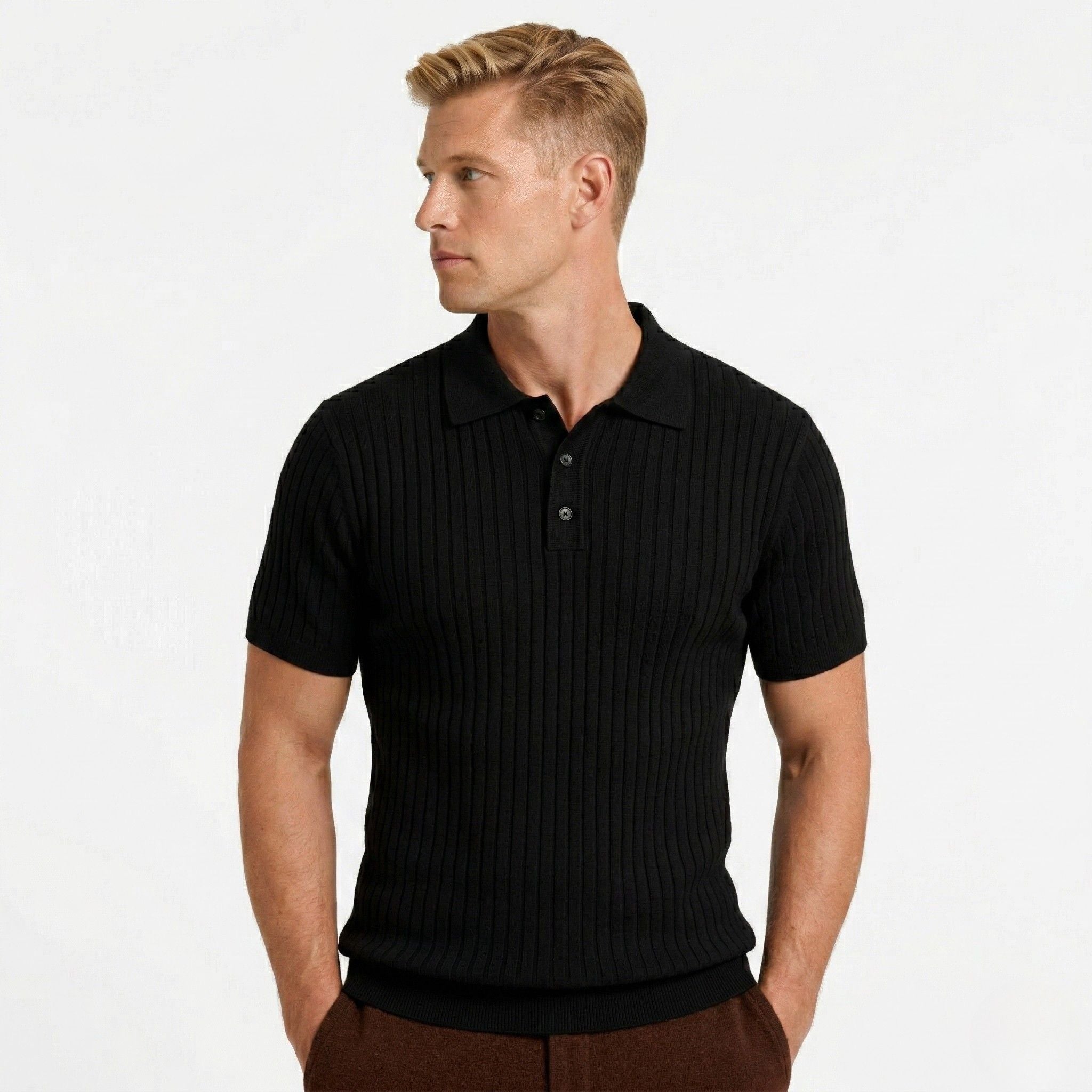 Men's ribbed knit polo shirt with short sleeves and button placket