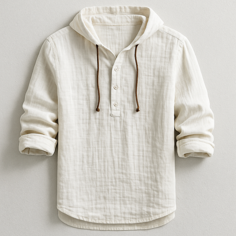 Men's long-sleeved hooded shirt with button placket and drawcords