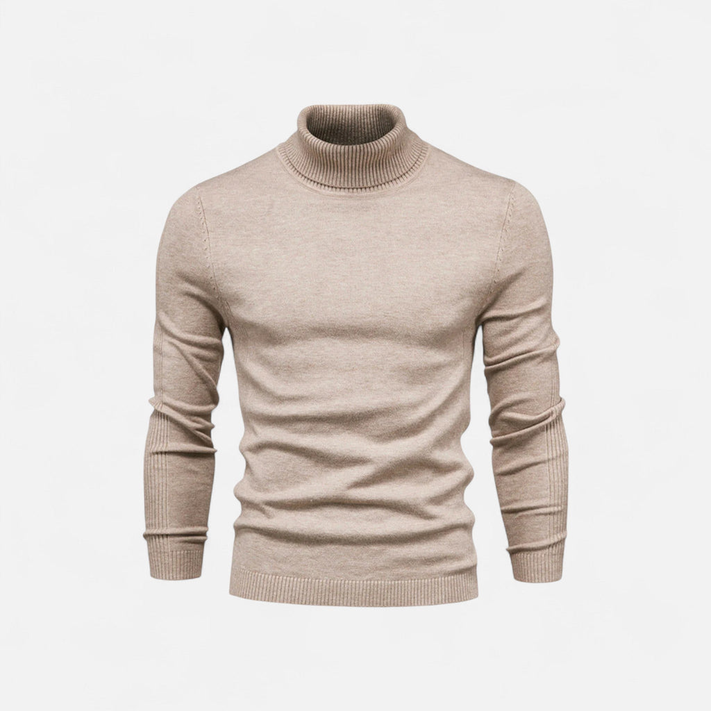 Men's half-zip knit sweater with raised turtleneck collar