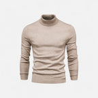 Men's half-zip knit sweater with raised turtleneck collar
