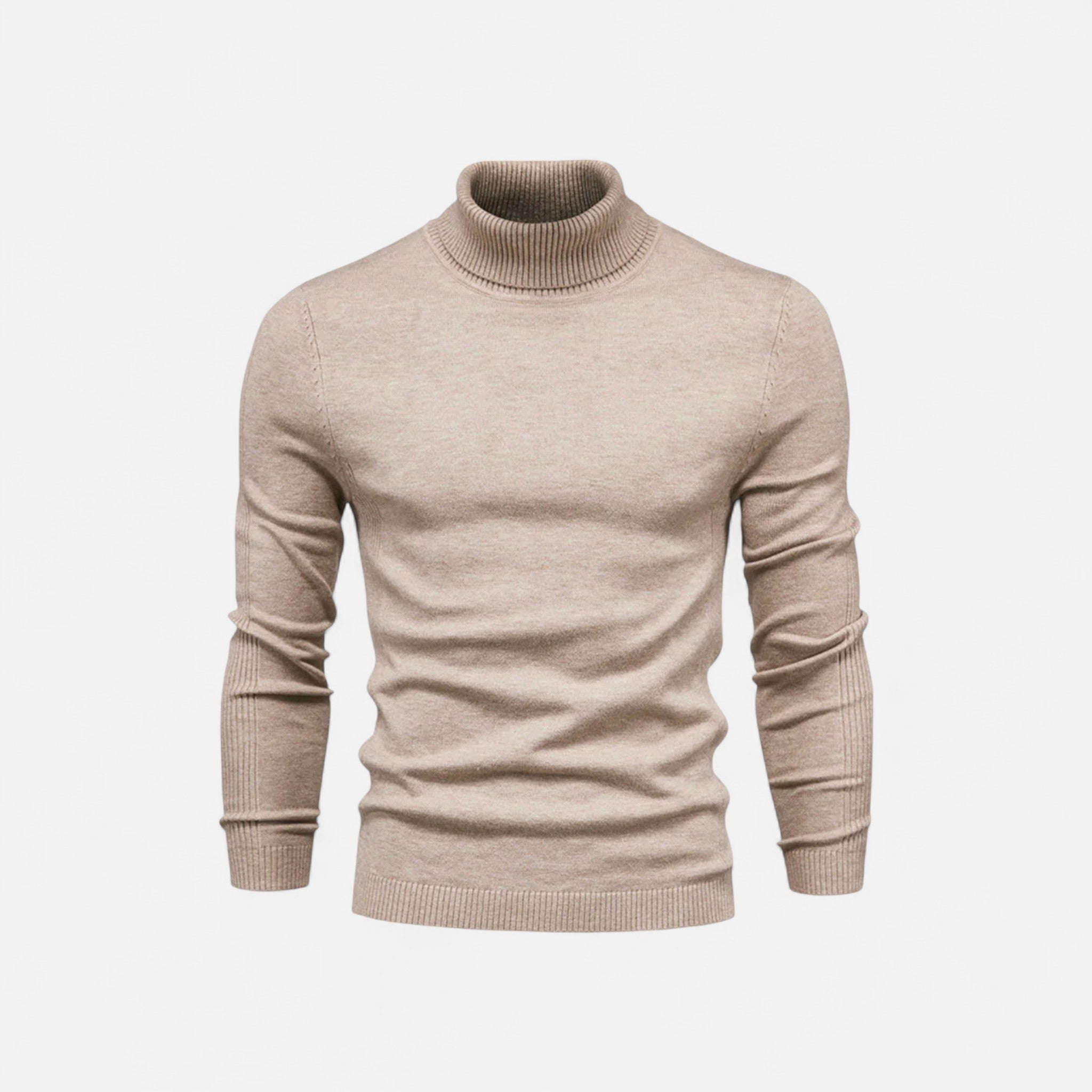 Men's half-zip knit sweater with raised turtleneck collar