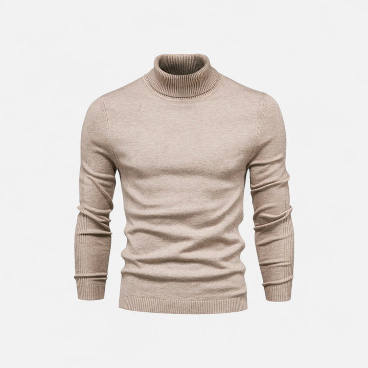 Men's half-zip knit sweater with raised turtleneck collar