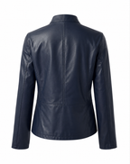 Woman wearing a fitted leather jacket with stand collar and zipper