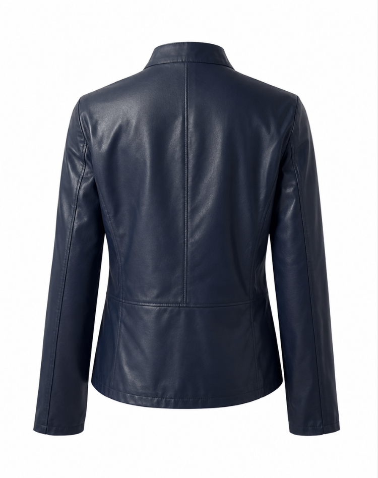 Woman wearing a fitted leather jacket with stand collar and zipper