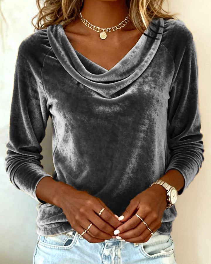 Women's long-sleeved velvet top with draped cowl neckline