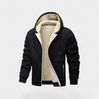 Men's hooded zip cardigan with contrasting sherpa-style lining