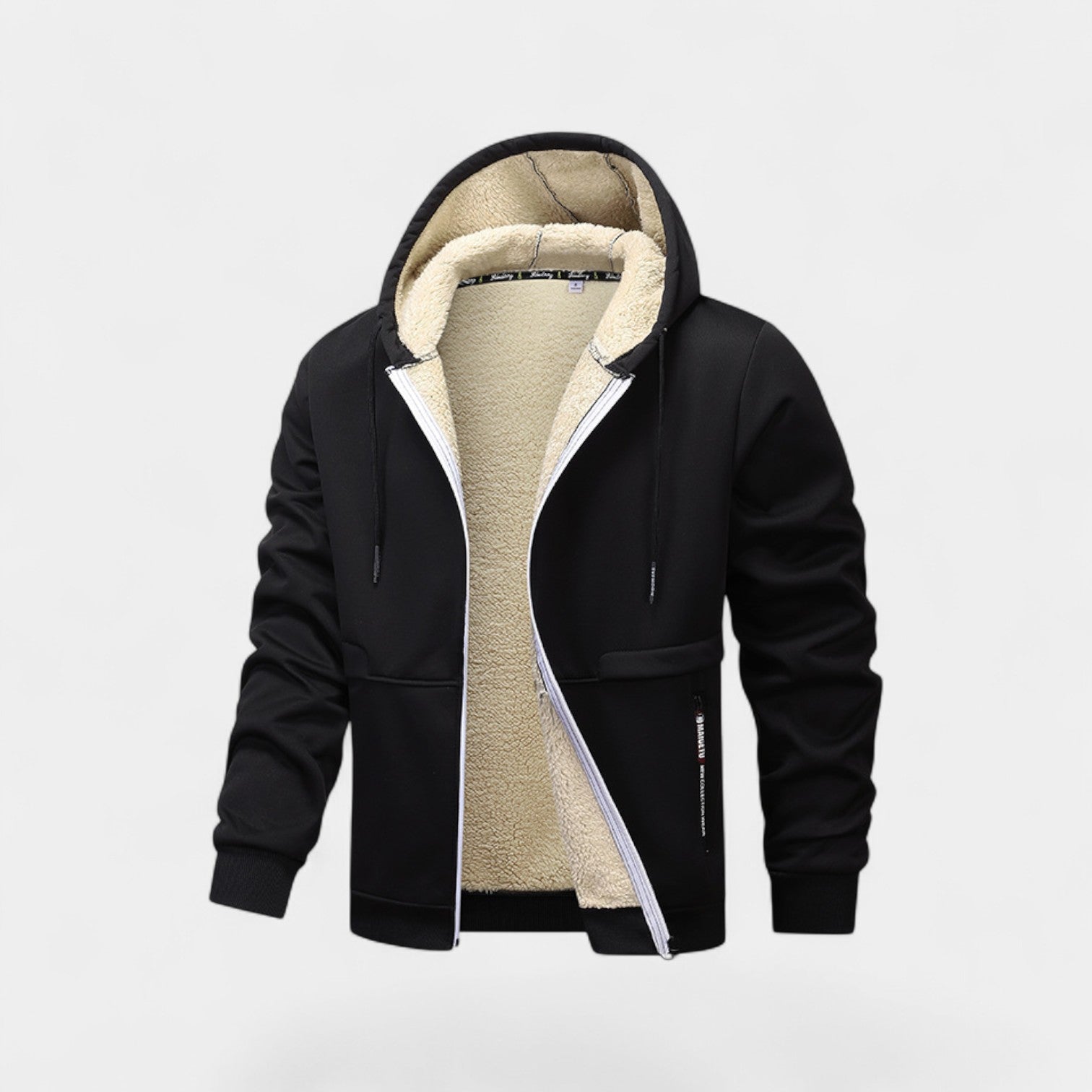 Men's hooded zip cardigan with contrasting sherpa-style lining