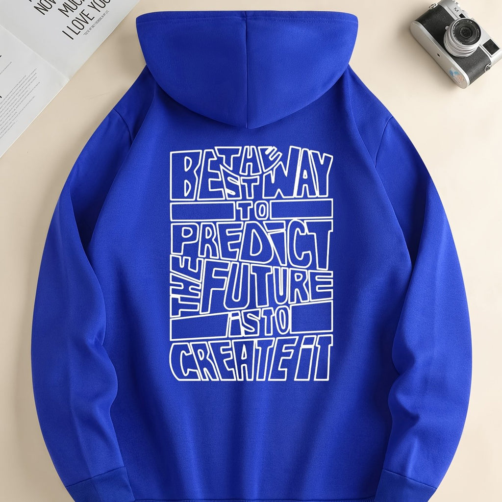 Men's hooded sweatshirt with large outlined text print on the back