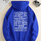 Men's hooded sweatshirt with large outlined text print on the back